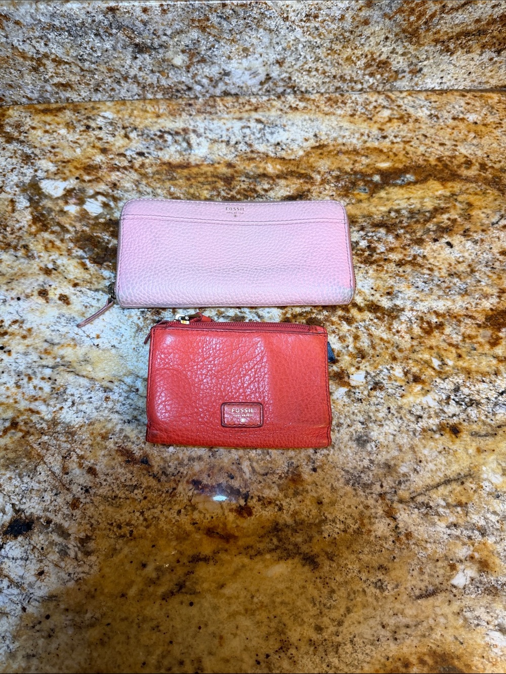 BUNDLE Fossil Pink Zip-Around Wallet with Coral Compact Wallet